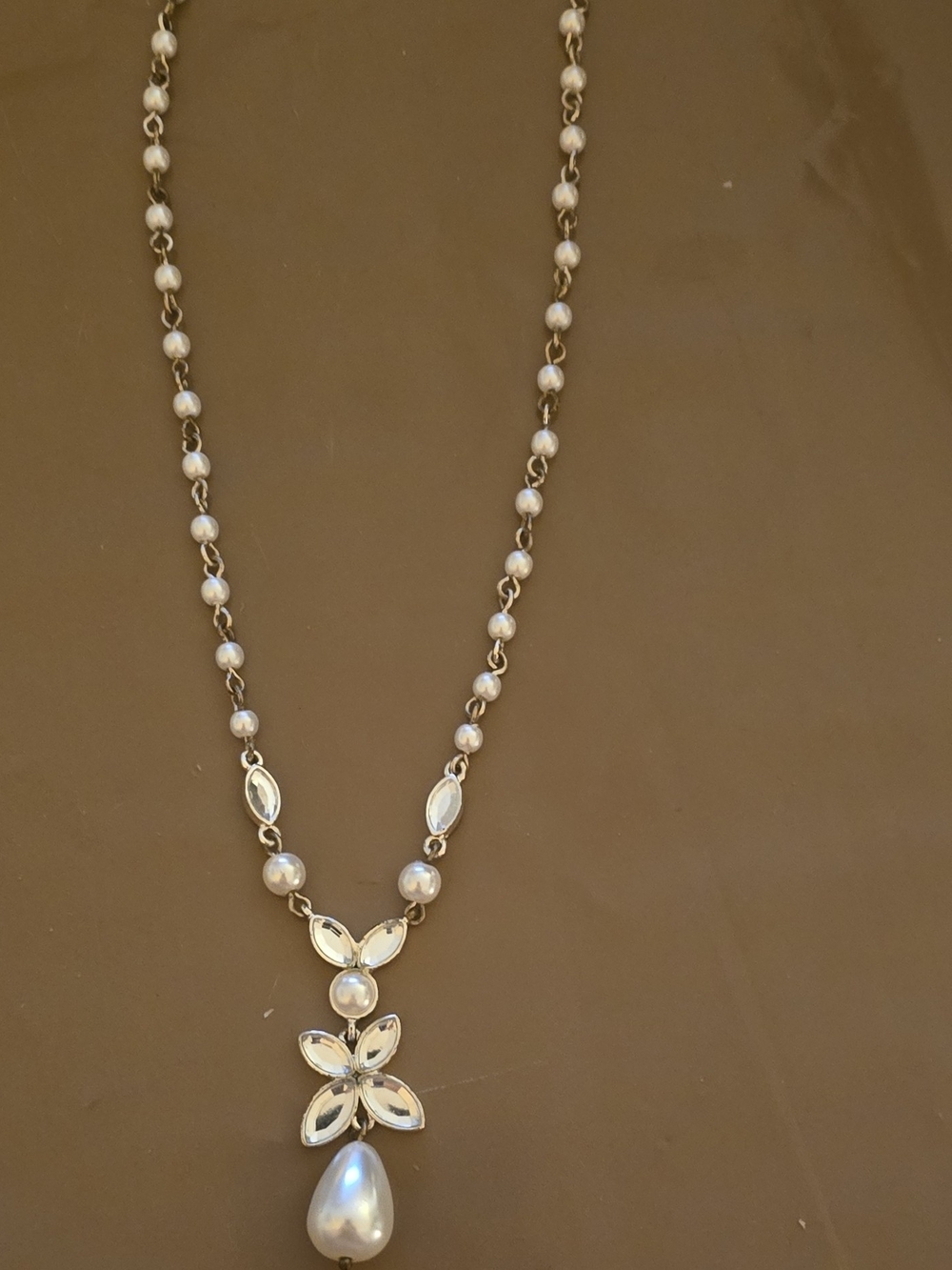 Napier Pearl and Crystal Floral Drop Necklace - White